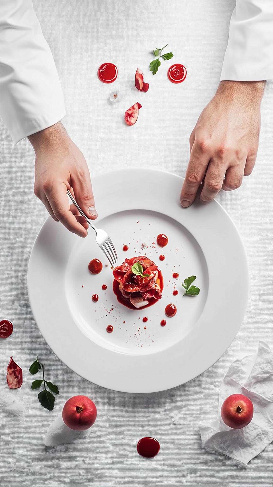 Chef arranging a plated seasonal dish on a wooden table